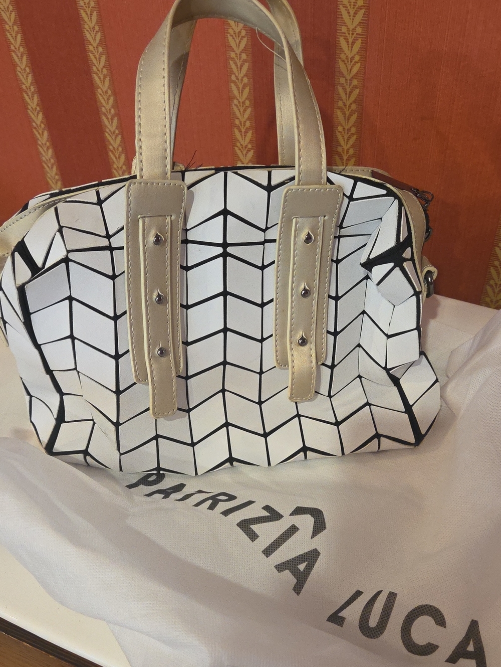 Patrizia Luca White Geometric Satchel with Beige Handles